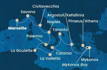 Francie, Itálie, Tunisko, Malta, Kefalonie, Řecko z Marseille na lodi Costa Fascinosa