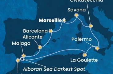 Francie, Španělsko, Maroko, , Tunisko, Sicílie, Itálie z Marseille na lodi Costa Toscana