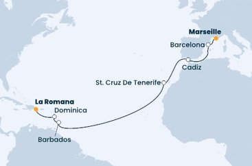 Francie, Španělsko, Barbados, Dominika, Dominikánská republika z Marseille na lodi Costa Pacifica