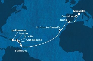 Francie, Španělsko, Barbados, Guadeloupe, Svatý Kryštof a Nevis, Britské Panenské ostrovy, Dominikánská republika z Marseille na lodi Costa Fascinosa