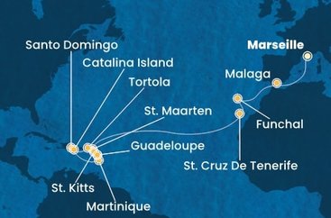 Francie, Španělsko, Portugalsko, Svatý Martin, Martinik, Guadeloupe, Svatý Kryštof a Nevis, Britské Panenské ostrovy, Dominikánská republika z Marseille na lodi Costa Fascinosa