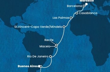 Francie, Španělsko, Maroko, Kapverdy, Brazílie, Uruguay, Argentina z Marseille na lodi Costa Deliziosa