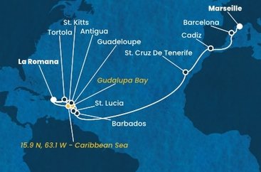 Francie, Španělsko, Barbados, Guadeloupe, Svatý Kryštof a Nevis, Britské Panenské ostrovy, Dominikánská republika, , Svatá Lucie, Antigua a Barbuda z Marseille na lodi Costa Fascinosa