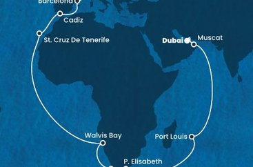 Francie, Španělsko, Namibie, Jihoafrická republika, Mauricius, Omán, Spojené arabské emiráty z Marseille na lodi Costa Smeralda