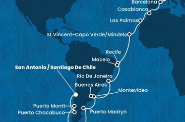 Francie, Španělsko, Maroko, Kapverdy, Brazílie, Uruguay, Argentina, Chile z Marseille na lodi Costa Deliziosa
