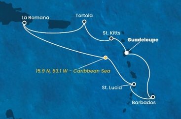 Guadeloupe, Svatý Kryštof a Nevis, Britské Panenské ostrovy, Dominikánská republika, , Svatá Lucie, Barbados z Pointe-à-Pitre, Guadeloupe na lodi Costa Fascinosa