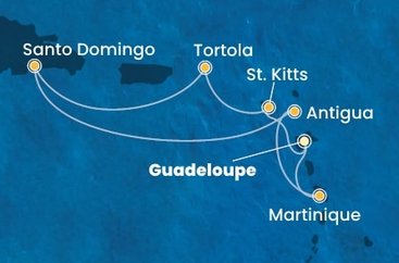 Guadeloupe, Svatý Kryštof a Nevis, Britské Panenské ostrovy, Dominikánská republika, Antigua a Barbuda, Martinik z Pointe-à-Pitre, Guadeloupe na lodi Costa Favolosa