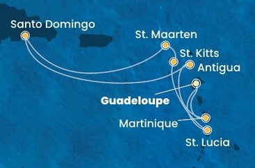 Guadeloupe, Svatá Lucie, Svatý Kryštof a Nevis, Svatý Martin, Dominikánská republika, Antigua a Barbuda, Martinik z Pointe-à-Pitre, Guadeloupe na lodi Costa Favolosa
