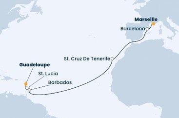 Guadeloupe, Svatá Lucie, Barbados, Španělsko, Francie z Pointe-à-Pitre, Guadeloupe na lodi Costa Fascinosa