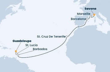 Guadeloupe, Svatá Lucie, Barbados, Španělsko, Francie, Itálie z Pointe-à-Pitre, Guadeloupe na lodi Costa Fascinosa