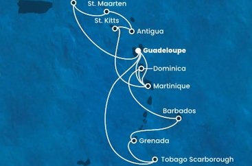 Guadeloupe, Britské Panenské ostrovy, Svatý Martin, Antigua a Barbuda, Svatý Kryštof a Nevis, Martinik, Trinidad a Tobago, Grenada, Barbados, Dominika z Pointe-à-Pitre, Guadeloupe na lodi Costa Fortuna