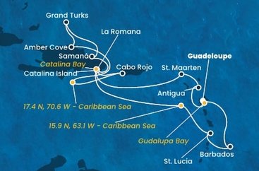 Guadeloupe, , Antigua a Barbuda, Svatý Martin, Dominikánská republika, Zámořské území Velké Británie, Svatá Lucie, Barbados z Pointe-à-Pitre, Guadeloupe na lodi Costa Fascinosa