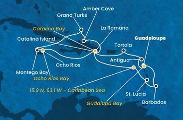Guadeloupe, , Antigua a Barbuda, Britské Panenské ostrovy, Dominikánská republika, Jamajka, Zámořské území Velké Británie, Svatá Lucie, Barbados z Pointe-à-Pitre, Guadeloupe na lodi Costa Fascinosa
