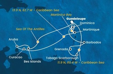Guadeloupe, , Trinidad a Tobago, Grenada, Barbados, Dominika, Martinik, Bonaire, Aruba, Curacao z Pointe-à-Pitre, Guadeloupe na lodi Costa Fortuna