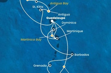 Guadeloupe, Britské Panenské ostrovy, , Svatý Martin, Antigua a Barbuda, Svatý Kryštof a Nevis, Martinik, Trinidad a Tobago, Grenada, Barbados, Dominika z Pointe-à-Pitre, Guadeloupe na lodi Costa Fortuna