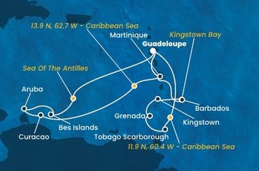 Guadeloupe, , Trinidad a Tobago, Grenada, Svatý Vincenc a Grenadiny, Barbados, Martinik, Bonaire, Aruba, Curacao z Pointe-à-Pitre, Guadeloupe na lodi Costa Fortuna