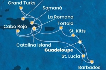 Guadeloupe, Svatý Kryštof a Nevis, Britské Panenské ostrovy, Dominikánská republika, Zámořské území Velké Británie, Svatá Lucie, Barbados z Pointe-à-Pitre, Guadeloupe na lodi Costa Pacifica