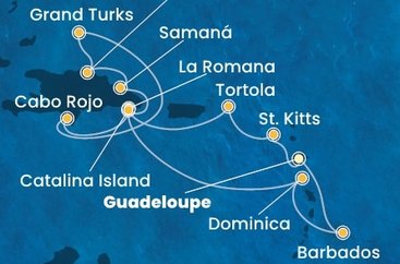 Guadeloupe, Svatý Kryštof a Nevis, Britské Panenské ostrovy, Dominikánská republika, Zámořské území Velké Británie, Dominika, Barbados z Pointe-à-Pitre, Guadeloupe na lodi Costa Pacifica