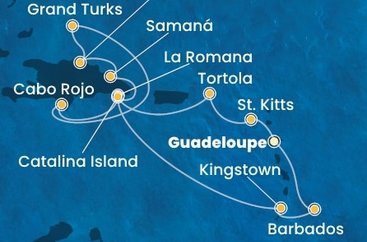 Guadeloupe, Svatý Kryštof a Nevis, Britské Panenské ostrovy, Dominikánská republika, Zámořské území Velké Británie, Svatý Vincenc a Grenadiny, Barbados z Pointe-à-Pitre, Guadeloupe na lodi Costa Pacifica