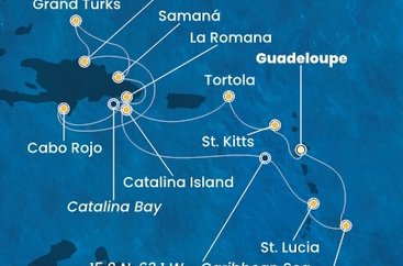 Guadeloupe, Svatý Kryštof a Nevis, Britské Panenské ostrovy, Dominikánská republika, Zámořské území Velké Británie, Svatá Lucie, Barbados z Pointe-à-Pitre, Guadeloupe na lodi Costa Pacifica
