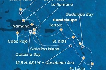 Guadeloupe, Zámořský departement Francie, Svatý Kryštof a Nevis, Britské Panenské ostrovy, Dominikánská republika, Zámořské území Velké Británie, Svatá Lucie, Barbados z Pointe-à-Pitre, Guadeloupe na lodi Costa Pacifica