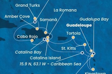 Guadeloupe, Zámořský departement Francie, Svatý Kryštof a Nevis, Britské Panenské ostrovy, Dominikánská republika, Zámořské území Velké Británie, Dominika, Svatý Vincenc a Grenadiny z Pointe-à-Pitre, Guadeloupe na lodi Costa Pacifica