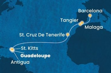 Guadeloupe, Svatý Kryštof a Nevis, Antigua a Barbuda, Španělsko, Maroko z Pointe-à-Pitre, Guadeloupe na lodi Costa Favolosa