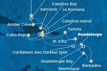 Guadeloupe, Svatý Kryštof a Nevis, Britské Panenské ostrovy, Dominikánská republika, Zámořské území Velké Británie, Martinik, Barbados z Pointe-à-Pitre na lodi Costa Fascinosa