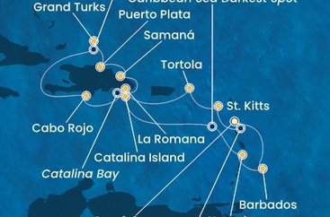 Guadeloupe, Svatý Kryštof a Nevis, Britské Panenské ostrovy, Dominikánská republika, Zámořské území Velké Británie, Svatá Lucie, Barbados z Pointe-à-Pitre na lodi Costa Fascinosa