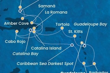 Guadeloupe, Svatý Kryštof a Nevis, Britské Panenské ostrovy, Dominikánská republika, Zámořské území Velké Británie, Svatý Vincenc a Grenadiny, Barbados z Pointe-à-Pitre na lodi Costa Pacifica