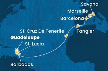 Guadeloupe, Svatá Lucie, Barbados, Španělsko, Maroko, Francie, Itálie z Pointe-à-Pitre, Guadeloupe na lodi Costa Fascinosa