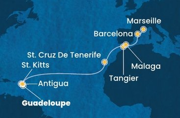 Guadeloupe, Svatý Kryštof a Nevis, Antigua a Barbuda, Španělsko, Maroko, Francie z Pointe-à-Pitre, Guadeloupe na lodi Costa Favolosa