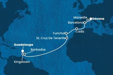 Guadeloupe, Svatý Vincenc a Grenadiny, Barbados, Španělsko, Portugalsko, Francie, Itálie z Pointe-à-Pitre, Guadeloupe na lodi Costa Fortuna