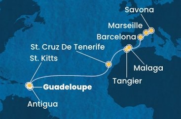 Guadeloupe, Svatý Kryštof a Nevis, Antigua a Barbuda, Španělsko, Maroko, Francie, Itálie z Pointe-à-Pitre, Guadeloupe na lodi Costa Favolosa