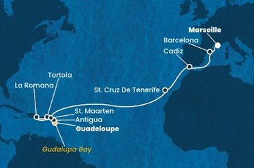 Guadeloupe, , Antigua a Barbuda, Britské Panenské ostrovy, Dominikánská republika, Svatý Martin, Španělsko, Francie z Pointe-à-Pitre, Guadeloupe na lodi Costa Fascinosa