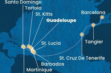 Guadeloupe, Svatý Kryštof a Nevis, Britské Panenské ostrovy, Dominikánská republika, Martinik, Svatá Lucie, Barbados, Španělsko, Maroko z Pointe-à-Pitre, Guadeloupe na lodi Costa Fascinosa