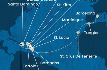 Guadeloupe, Svatý Kryštof a Nevis, Jamajka, Britské Panenské ostrovy, Dominikánská republika, , Martinik, Zámořský departement Francie, Svatá Lucie, Barbados, Španělsko, Maroko z Pointe-à-Pitre, Guadeloupe na lodi Costa Fascinosa