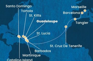 Guadeloupe, Svatý Kryštof a Nevis, Britské Panenské ostrovy, Dominikánská republika, Martinik, Svatá Lucie, Barbados, Španělsko, Maroko, Francie z Pointe-à-Pitre, Guadeloupe na lodi Costa Fascinosa