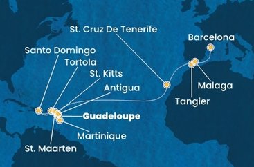 Guadeloupe, Svatý Kryštof a Nevis, Britské Panenské ostrovy, Dominikánská republika, Svatý Martin, Martinik, Antigua a Barbuda, Španělsko, Maroko z Pointe-à-Pitre, Guadeloupe na lodi Costa Favolosa