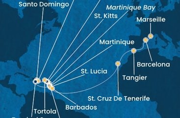 Guadeloupe, Svatý Kryštof a Nevis, Jamajka, Britské Panenské ostrovy, Dominikánská republika, , Martinik, Zámořský departement Francie, Svatá Lucie, Barbados, Španělsko, Maroko, Francie z Pointe-à-Pitre, Guadeloupe na lodi Costa Fascinosa