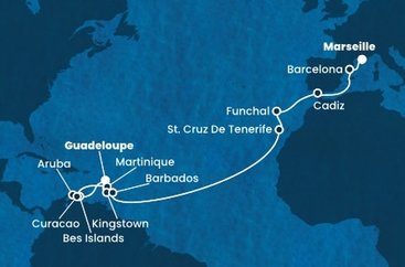 Guadeloupe, Bonaire, Aruba, Curacao, Martinik, Svatý Vincenc a Grenadiny, Barbados, Španělsko, Portugalsko, Francie z Pointe-à-Pitre, Guadeloupe na lodi Costa Fortuna