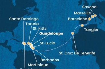 Guadeloupe, Svatý Kryštof a Nevis, Britské Panenské ostrovy, Dominikánská republika, Martinik, Svatá Lucie, Barbados, Španělsko, Maroko, Francie, Itálie z Pointe-à-Pitre, Guadeloupe na lodi Costa Fascinosa