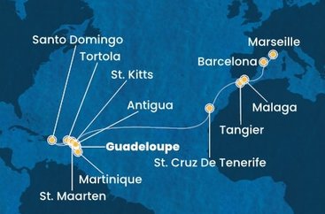 Guadeloupe, Svatý Kryštof a Nevis, Britské Panenské ostrovy, Dominikánská republika, Svatý Martin, Martinik, Antigua a Barbuda, Španělsko, Maroko, Francie z Pointe-à-Pitre, Guadeloupe na lodi Costa Favolosa