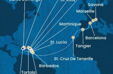 Guadeloupe, Svatý Kryštof a Nevis, Jamajka, Britské Panenské ostrovy, Dominikánská republika, , Martinik, Zámořský departement Francie, Svatá Lucie, Barbados, Španělsko, Maroko, Francie, Itálie z Pointe-à-Pitre, Guadeloupe na lodi Costa Fascinosa