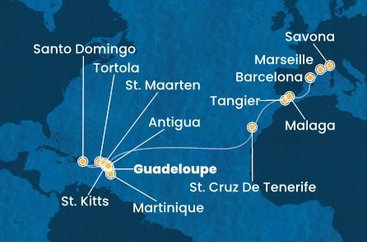 Guadeloupe, Svatý Kryštof a Nevis, Britské Panenské ostrovy, Dominikánská republika, Svatý Martin, Martinik, Antigua a Barbuda, Španělsko, Maroko, Francie, Itálie z Pointe-à-Pitre, Guadeloupe na lodi Costa Favolosa