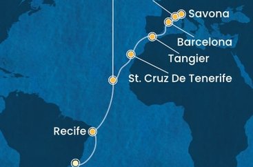 Brazílie, Sao Vincente, Tenerife, Maroko, Španělsko, Francie, Itálie z Rio de Janeira na lodi Costa Favolosa