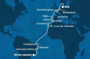 Brazílie, Španělsko, Portugalsko, Francie, Velká Británie, Nizozemsko, Německo z Rio de Janeira na lodi Costa Diadema