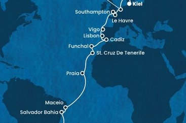 Brazílie, Kapverdy, Španělsko, Portugalsko, Francie, Velká Británie, Nizozemsko, Německo z Rio de Janeira na lodi Costa Diadema