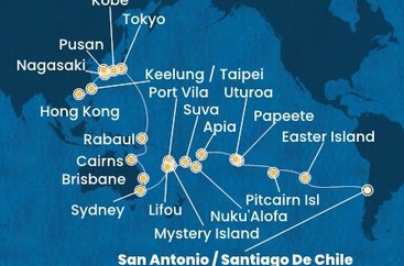 Chile, Zámořské území Velké Británie, Francouzská Polynésie, Zámořské společenství Francie, Samoa, Tonga, Fidži, Vanuatská republika, Nová Kaledonie, Austrálie, Papua Nová Guinea, Japonsko, Jižní Korea, Tchaj-wan, Čína ze San Antonio na lodi Costa Deliziosa