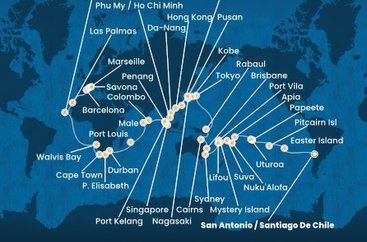 Chile, Zámořské území Velké Británie, Francouzská Polynésie, Zámořské společenství Francie, Samoa, Tonga, Fidži, Vanuatská republika, Nová Kaledonie, Austrálie, Papua Nová Guinea, Japonsko, Jižní Korea, Tchaj-wan, Čína, Vietnam, Singapur, Malajsie, Srí Lanka, Maledivy, Mauricius, Jihoafrická republika, Namibie, Kapverdy, Španělsko, Francie, Itálie ze San Antonio na lodi Costa Deliziosa